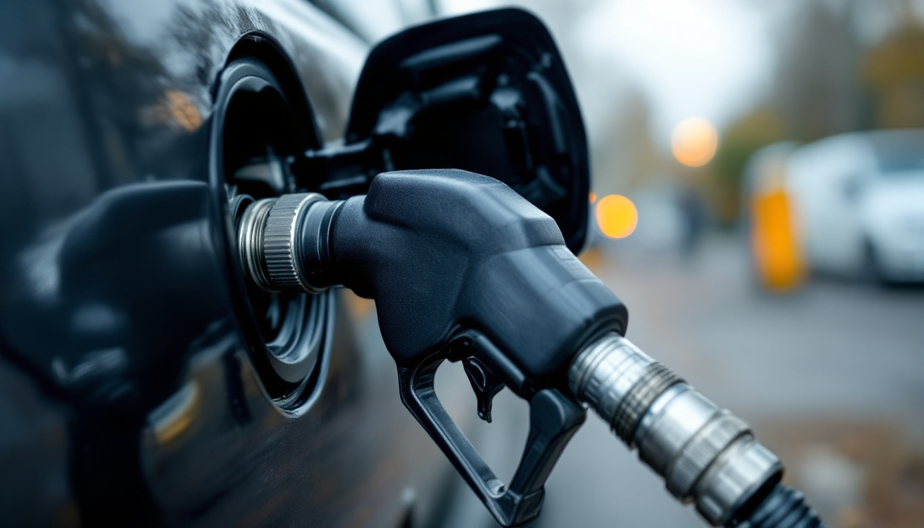 Autogas-Zapfpistole mit aufgeschraubtem Adapter am seitlichen Anschluss eines Fahrzeugs.
