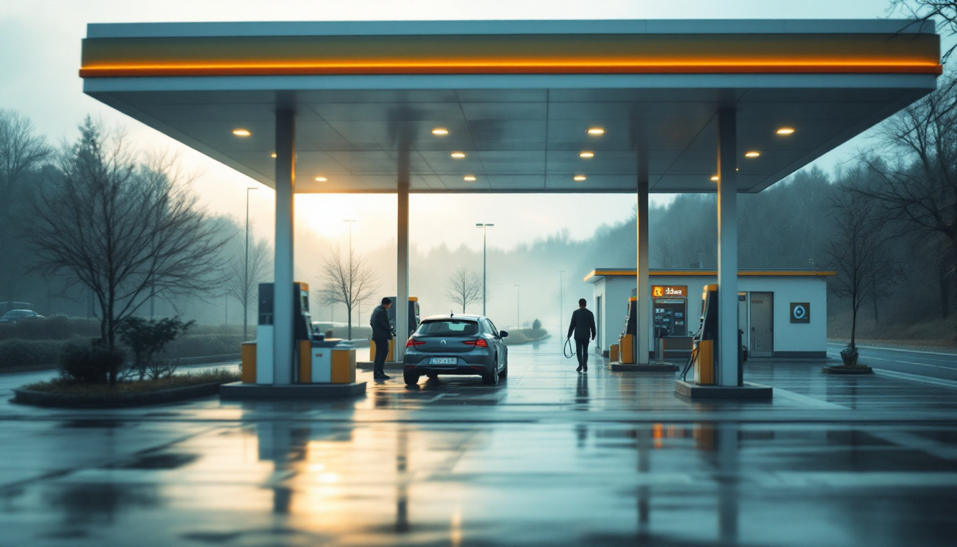 Eine Tankstelle mit überdachten Zapfsäulen am frühen Morgen, an der ein Auto betankt wird, während eine weitere Person im Hintergrund zum Tankstellengebäude geht.