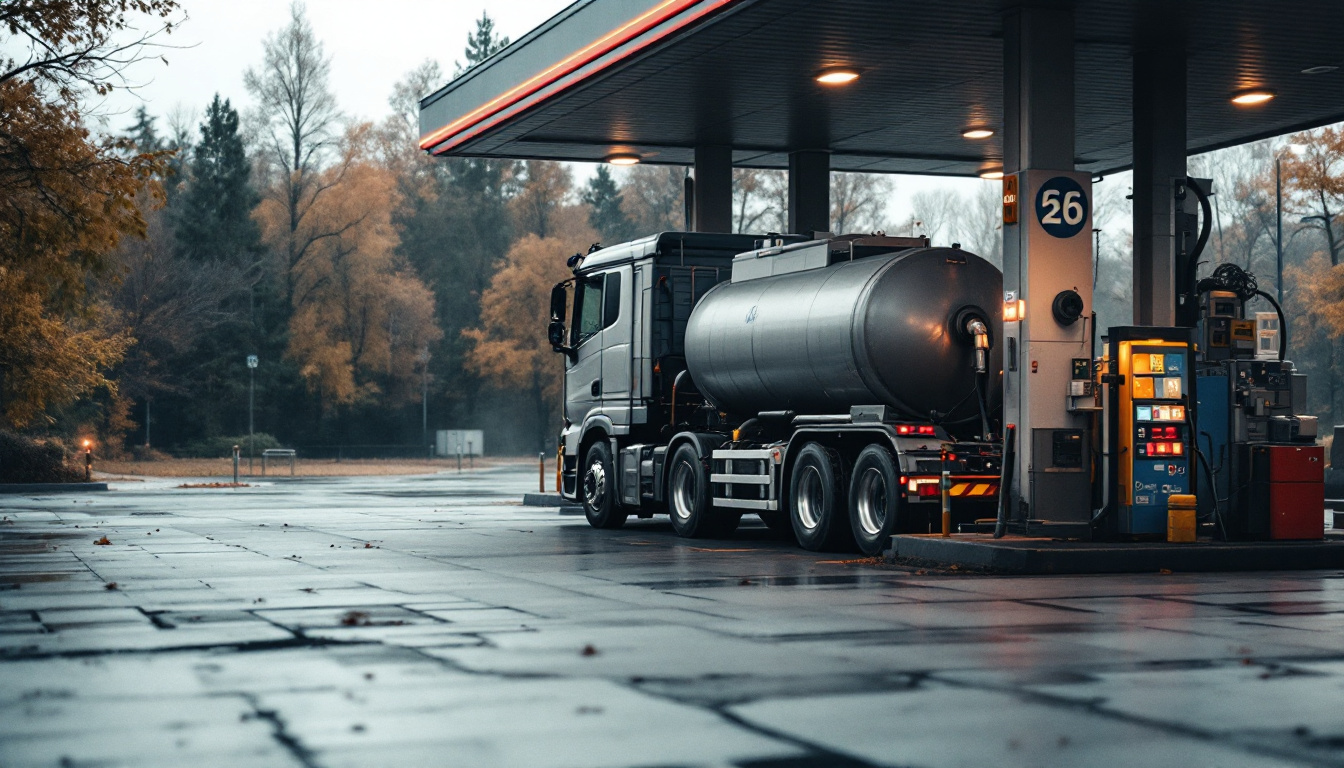 Ein schwerer Lastwagen steht an einer breiten Zapfinsel mit hoher Überdachung während des Tankens.