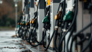 Mehrere Zapfsäulen einer Tankstelle bei Tageslicht in schräger Ansicht von unten.