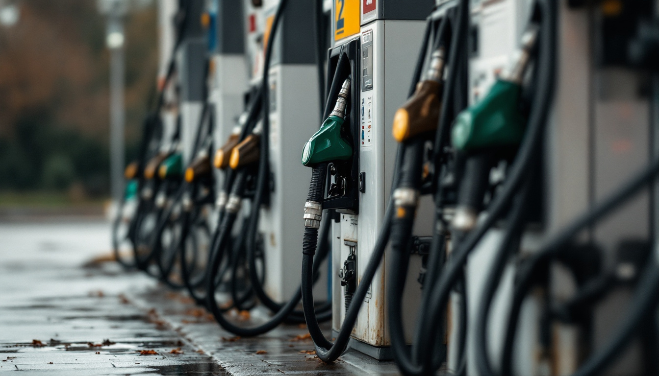 Mehrere Zapfsäulen einer Tankstelle bei Tageslicht in schräger Ansicht von unten.