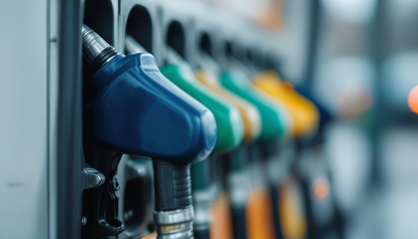 Zapfpistole in der Halterung einer Tankstelle, dahinter unscharf weitere Zapfsäulen.