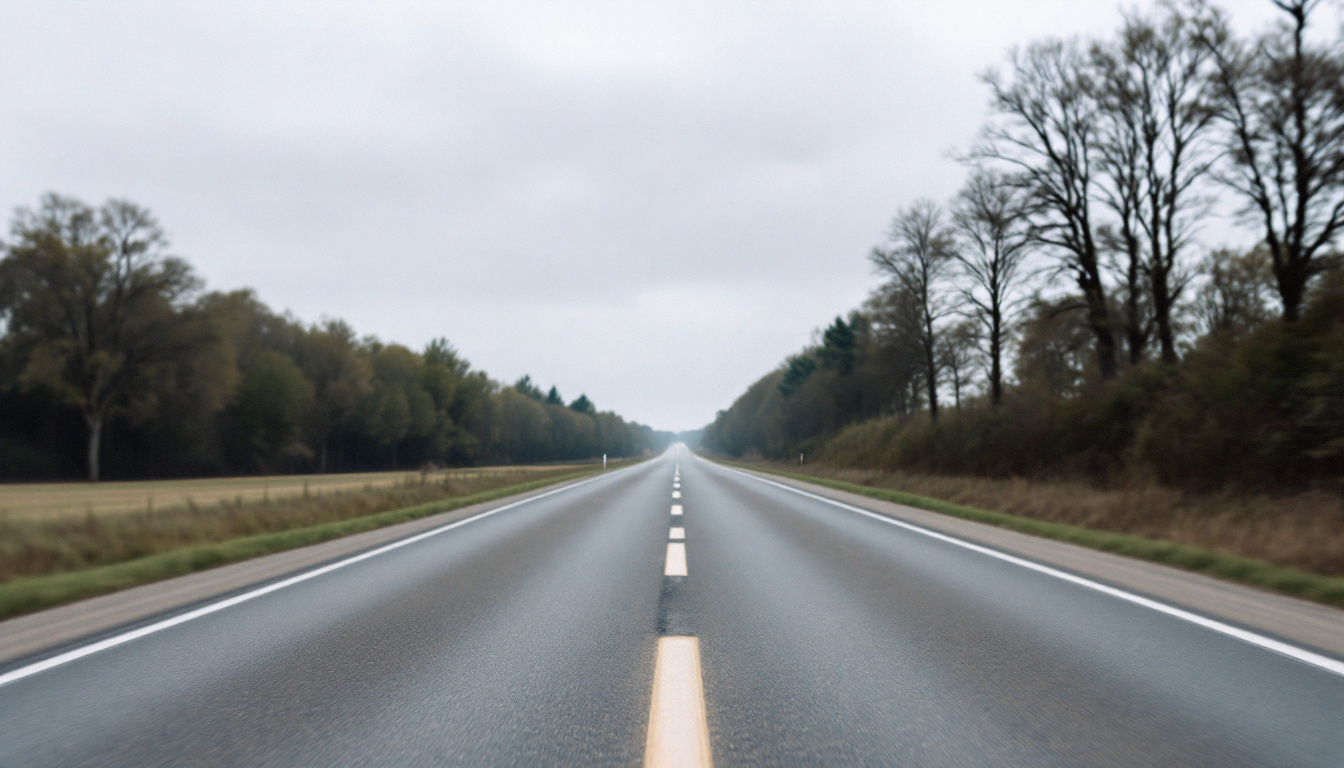 Eine leere Landstraße führt durch grüne Felder auf einen von Bäumen gesäumten Horizont zu.