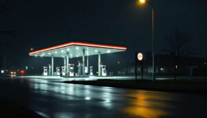 Nächtliche Tankstelle mit beleuchtetem Vordach, deren Licht sich auf nasser Fahrbahn spiegelt.