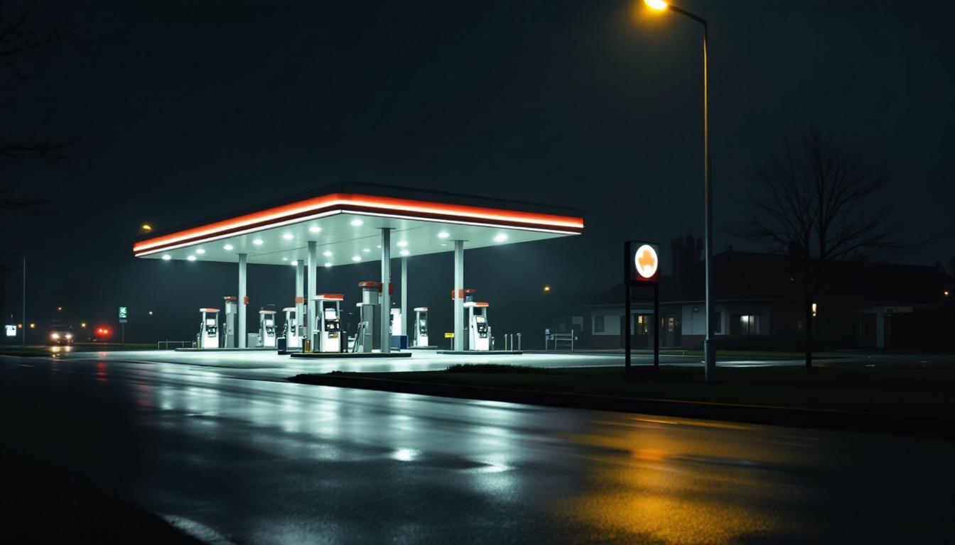 Nächtliche Tankstelle mit beleuchtetem Vordach, deren Licht sich auf nasser Fahrbahn spiegelt.